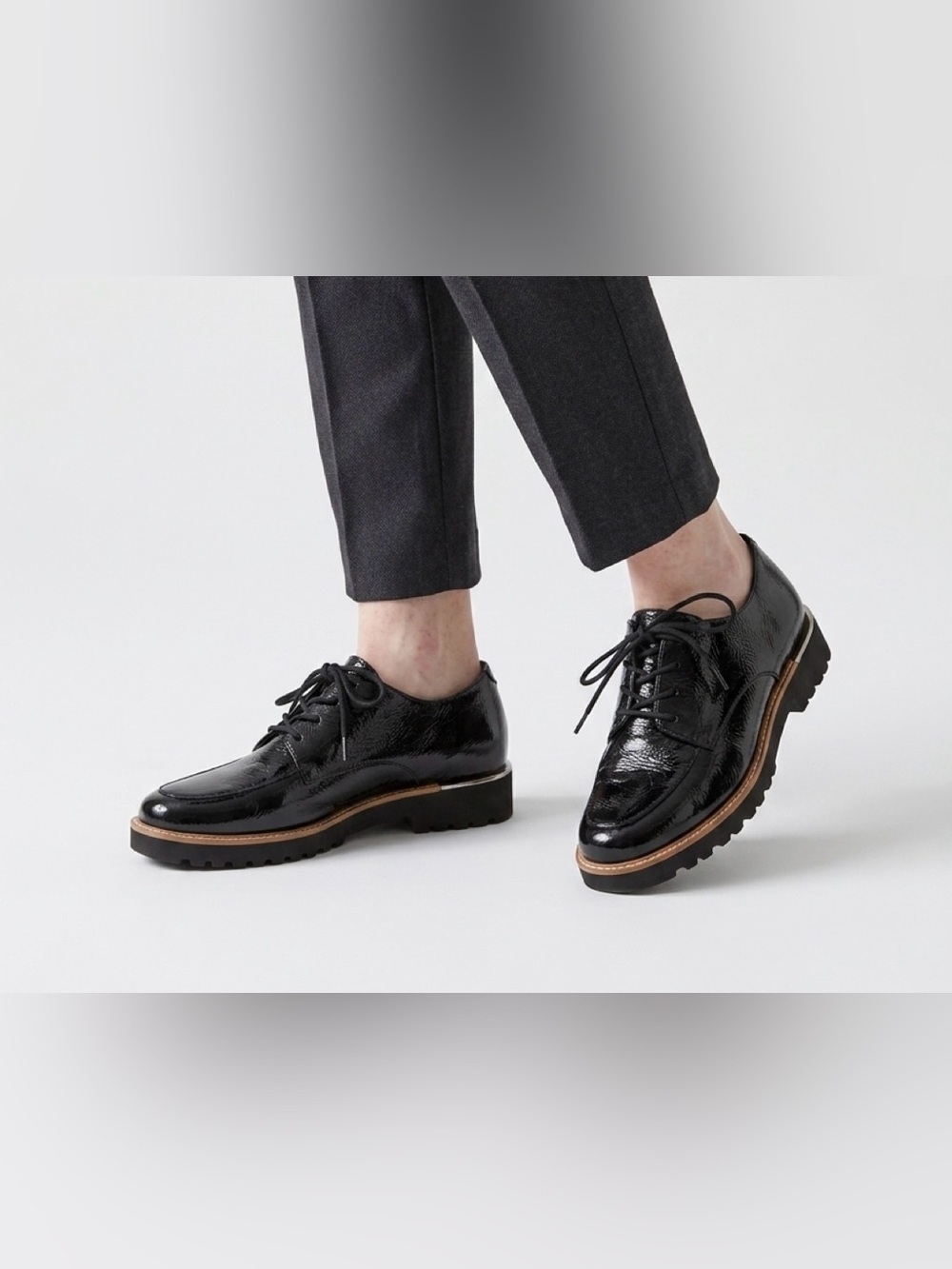 Franco Sarto Charles Black Patent Lace-Up Derby with Tan Welt Lug Sole Shoes